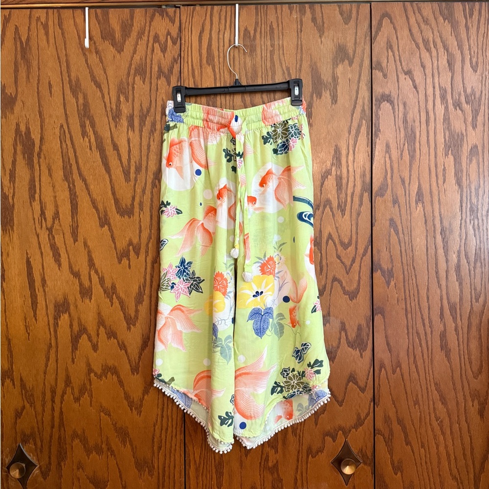 Anthropologie Eloise Goldfish Print Lounge Pants Pom Pom Trim Rayon Boho S